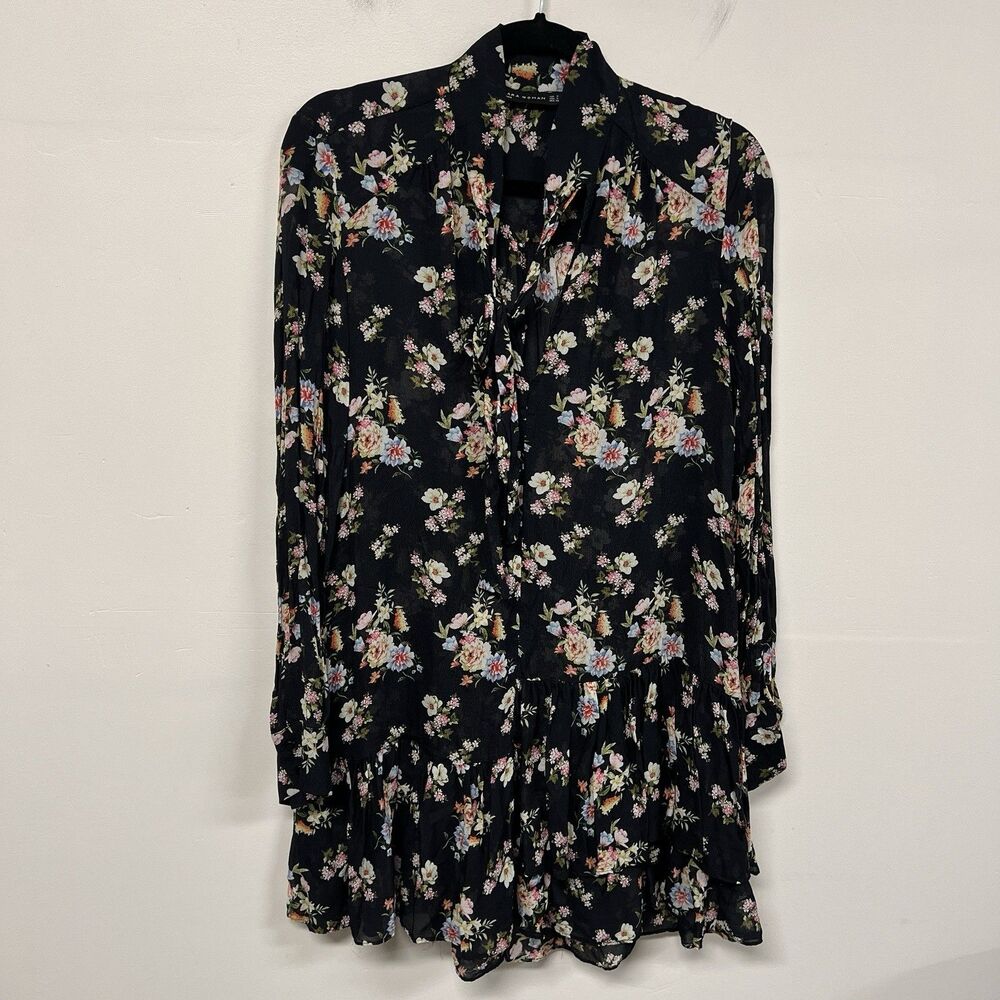 Zara Sheer Floral Tunic Dress Size Small Black Long Sleeve Ruffle Hem Boho